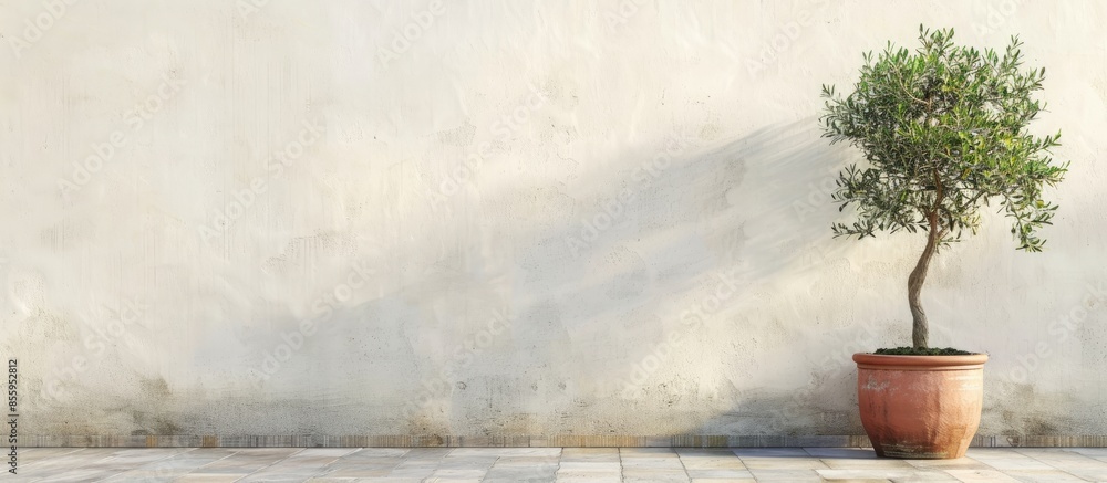 Poster a potted olive tree and succulents in a corner. copy space image. place for adding text and design