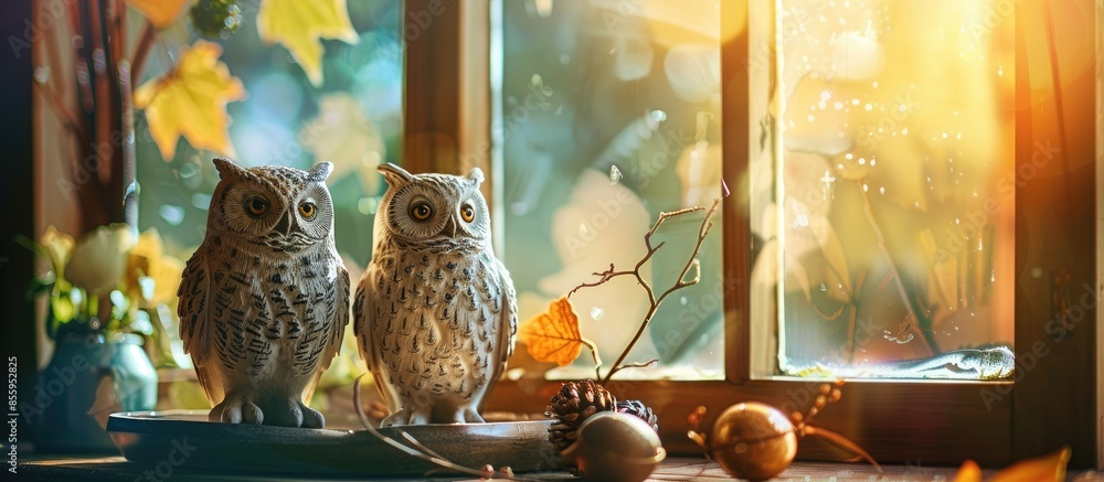 Poster owl ornaments sitting on a tray near a window in the sun. copy space image. place for adding text an