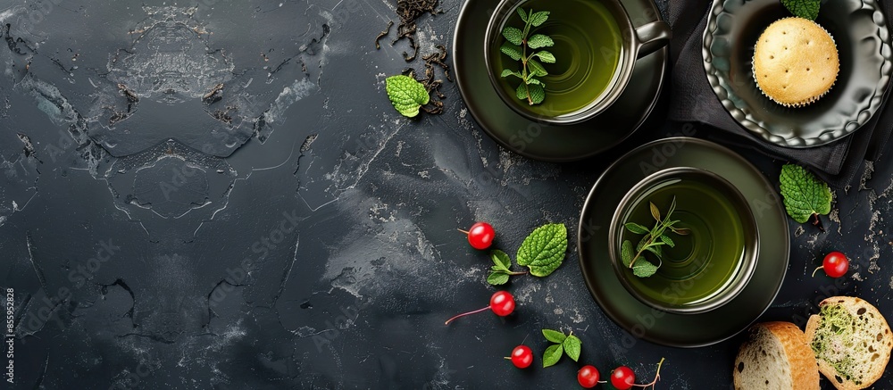 Aufkleber green tea, bagel and currant. copy space image. place for adding text and design