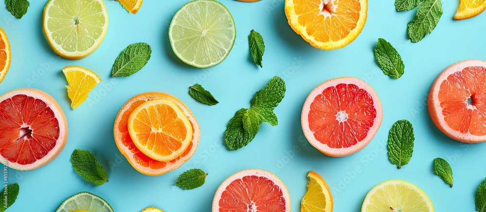 Aufkleber colorful pattern of citrus fruit slices and mint leaves on blue background. top view, flat lay. copy