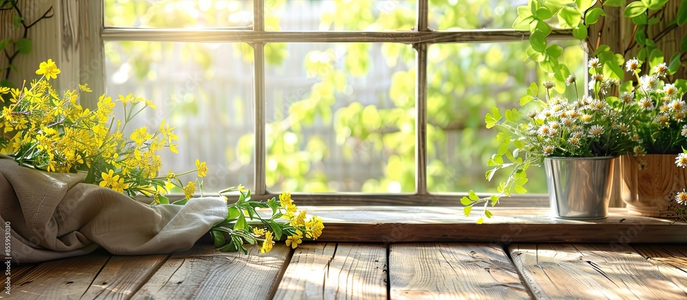 Poster table background of free space and blurred window of spring time. . copy space image. place for addi