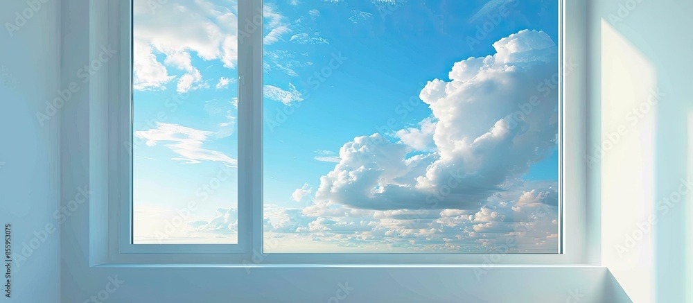 Poster white window in summer cloudy blue sky. like window to heaven or paradise. copy space image. place f