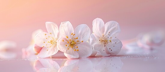 Photography of white fruit flowers on pastel background, studio shot, macro photography of flowers,. Copy space image. Place for adding text and design