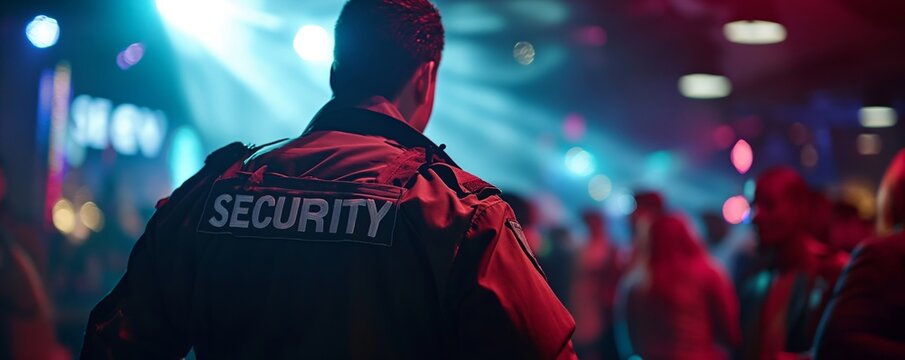 Security guard at a night club with neon lights and a bustling crowd. Perfect for event promotion or security-themed designs.