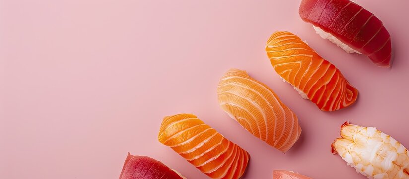 Japanese otoro sushi, red tuna sushi and salmon sushi over pastel background. Copy space image. Place for adding text and design