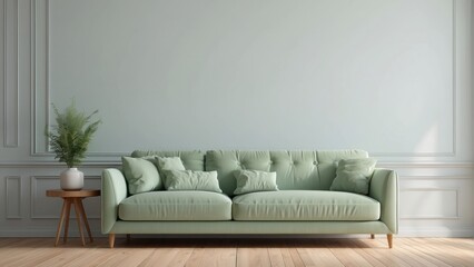 Interior home of living room with comfortable green sofa on green wall copy space, hardwood floor