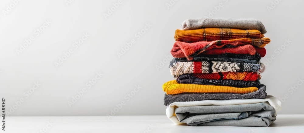 Poster stack of clothes before and after dry-cleaning on white background. copy space image. place for addi