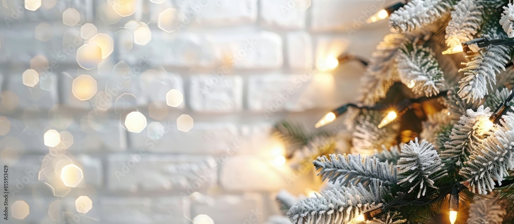 Poster white brick wall christmas background with shiny lights. copy space image. place for adding text or 