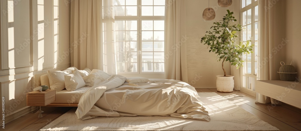 Poster modern light bedroom interior. copy space image. place for adding text and design