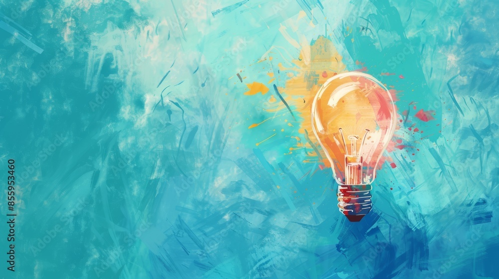 Aufkleber light bulb drawing on cyan background with splashes of color. concept of innovation and creativity.