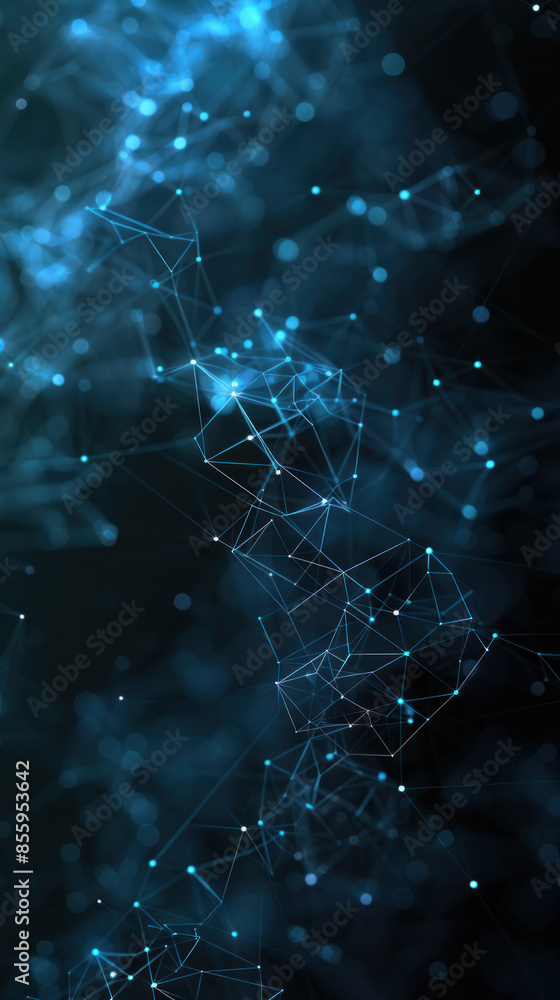 Poster a blue and white image of a web of lines and dots. the image is abstract and has a futuristic feel t