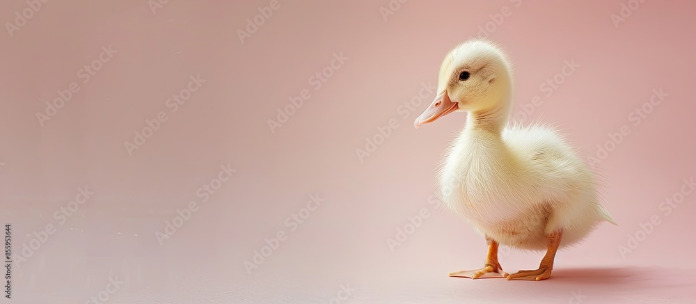 Poster a little and very white duck with a pastel background. Copy space image. Place for adding text and design