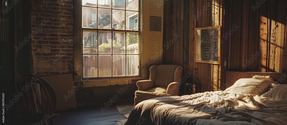 Poster a bedroom with a bed, chair and mirror on the wall in front of the window looking out onto the stree