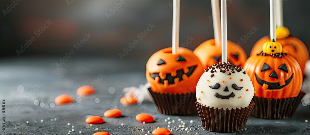 Poster funny delicious cake pops and cup cakes for halloween on the table,selective focus and empty space. 