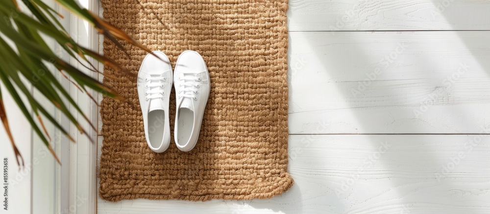 Poster designer welcome entry doormat placed on white floor with white shoes. copy space image. place for a