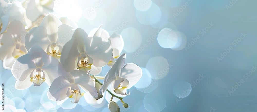 Poster white orchid pastel background orchid transparent spring. copy space image. place for adding text an