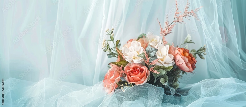 Poster bouquet of artificial flowers on a plastic curtain backdrop. copy space image. place for adding text
