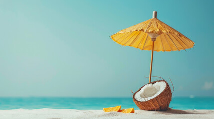 Coconut and Sun Umbrella on Tropical Beach
