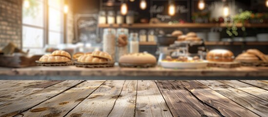 wooden table with bakery shop or coffee cafe blurred background. Copy space image. Place for adding text and design