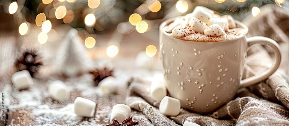 Poster hot cocoa and milk, marshmallow with christmas tree. copy space image. place for adding text and des