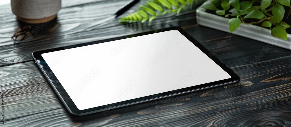 Poster mock up. blank screen digital tablet with office supplies on black wooden table. copy space image. p
