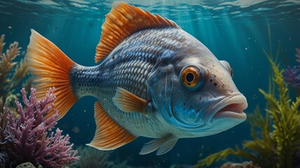 Fototapeta premium Colorful fish swimming among coral reefs