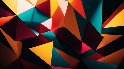 Fototapeta premium Create an abstract geometric art piece featuring sharp triangles blending seamlessly with soft, flowing curves. Use a vibrant color palette with bold contrasts to enhance the interplay between the sha