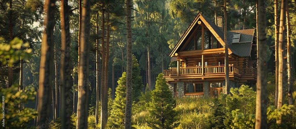 Aufkleber a two-story wooden cottage from the inside out in coniferous spruce pine green forest. copy space im
