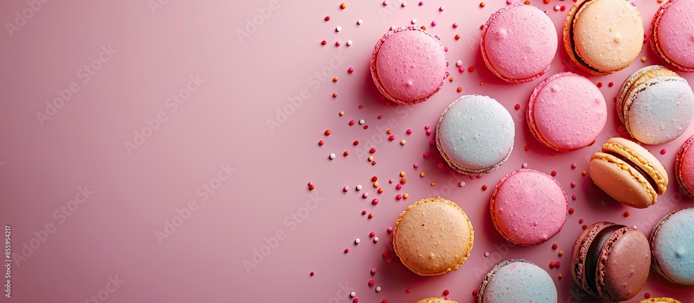 Poster cake macaroons on a cake in chocolate pastel background. copy space image. place for adding text and