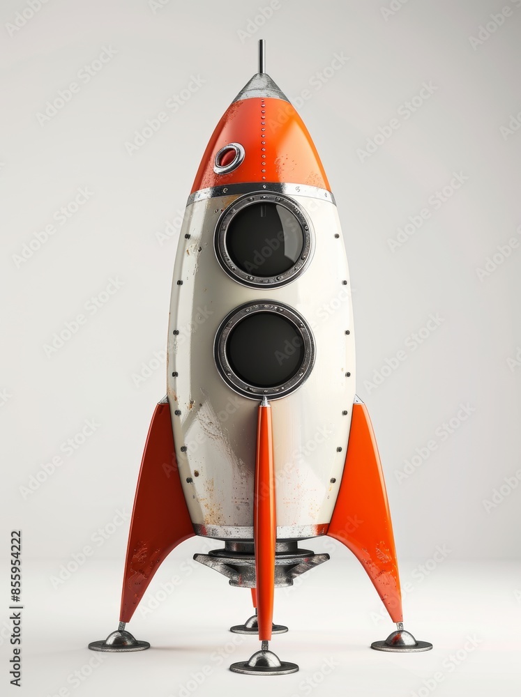 Poster white background with a 3d rocket icon isolated on it