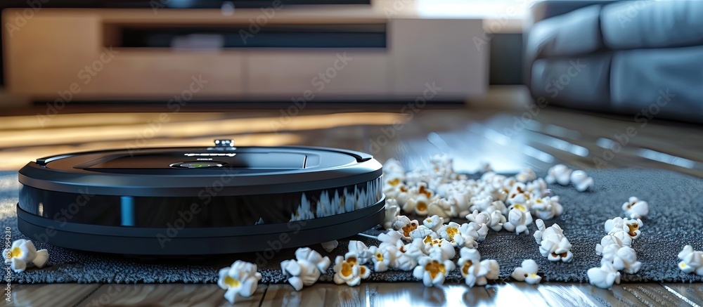 Poster modern robot vacuum cleaner with scattered popcorn on floor in room. copy space image. place for add