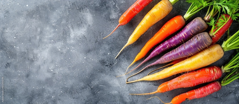 Poster fresh rainbow carrots picked from the garden. copy space image. place for adding text or design