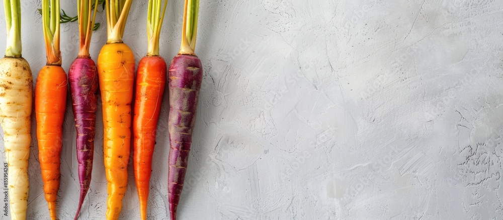 Poster multicolored home grown fresh organic carrots arranged in size on a light gray background. copy spac