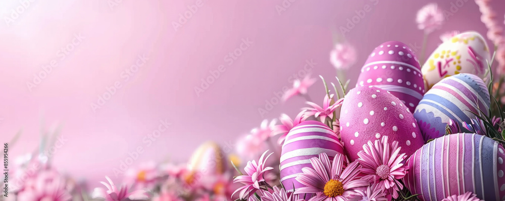 Poster a pink background with a bunch of eggs in different colors. the eggs are scattered around the backgr