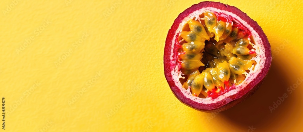 Poster slice of passion fruit isolated on pastel background. copy space image. place for adding text and de