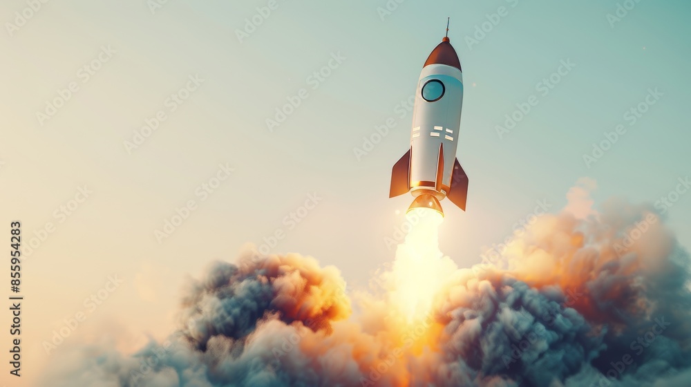 Poster rocket launch concept - 3d rendering.