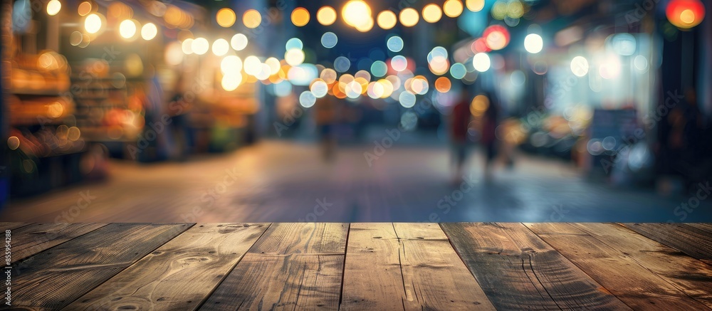 Poster empty wood table top and blur of night market background/selective focus .for montage product displa