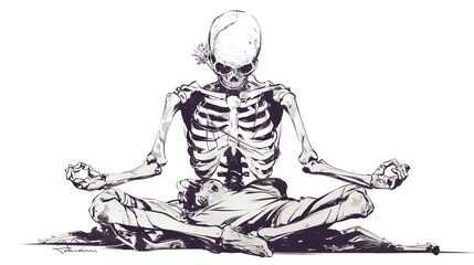 Black and white illustration of a skeleton meditating, sitting in a lotus position. Perfect for Halloween and spooky themed designs.