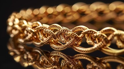 A close-up of a gold bracelet with intricate links, highlighting gold's craftsmanship and value as a precious metal