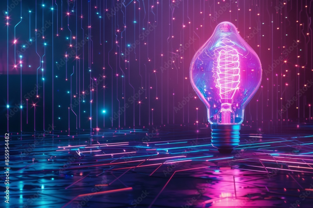 Poster three-dimensional rendering of a light bulb illuminating a reflecting floor with blue and pink neon 