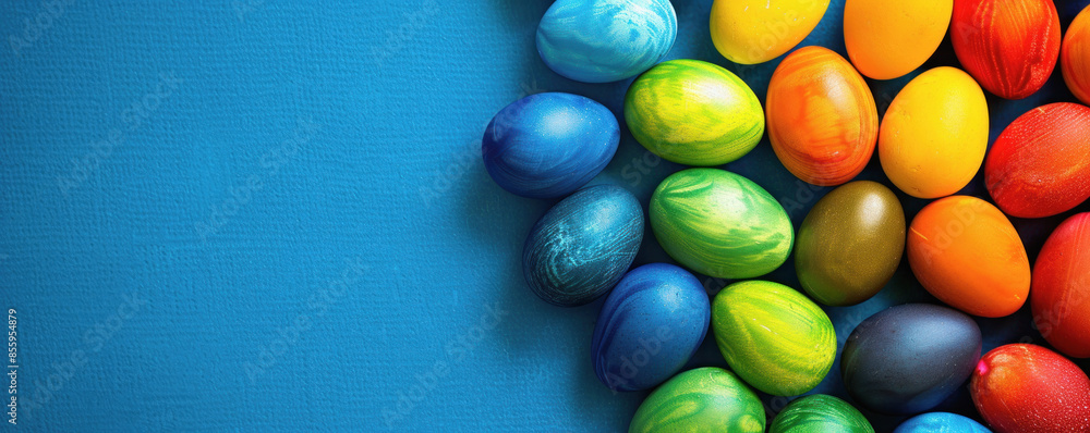 Poster a colorful bunch of eggs are arranged in a circle on a blue background. the eggs are of different co