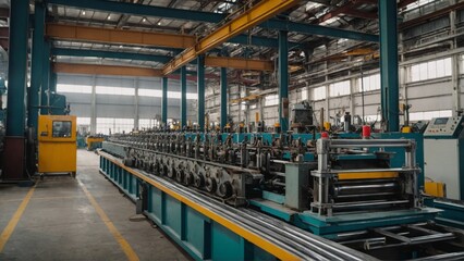 Industrial factory interior with metal processing machinery