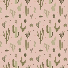 Watercolor cactus and succulent seamless pattern, green cactus with tiny pink flowers, hand draw repeat pattern, pink background