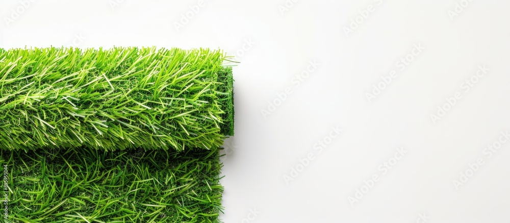 Poster rolled artificial grass carpet on white background. exterior element. copy space image. place for ad