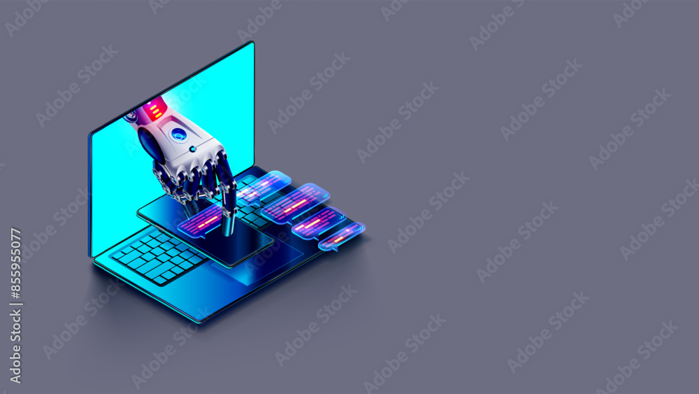 Poster AI chatbot in image robot or cyborg holding in hand message bubbles. Online AI chat bot talk through messenger with user. Technical support bot, internet assistance with artificial intelligence or AI