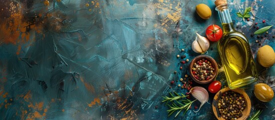 Fresh cooking ingredients with olive oil pastel background. Copy space image. Place for adding text and design