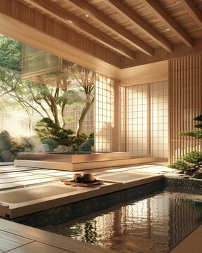 Traditional wooden bath made of hinoki wood