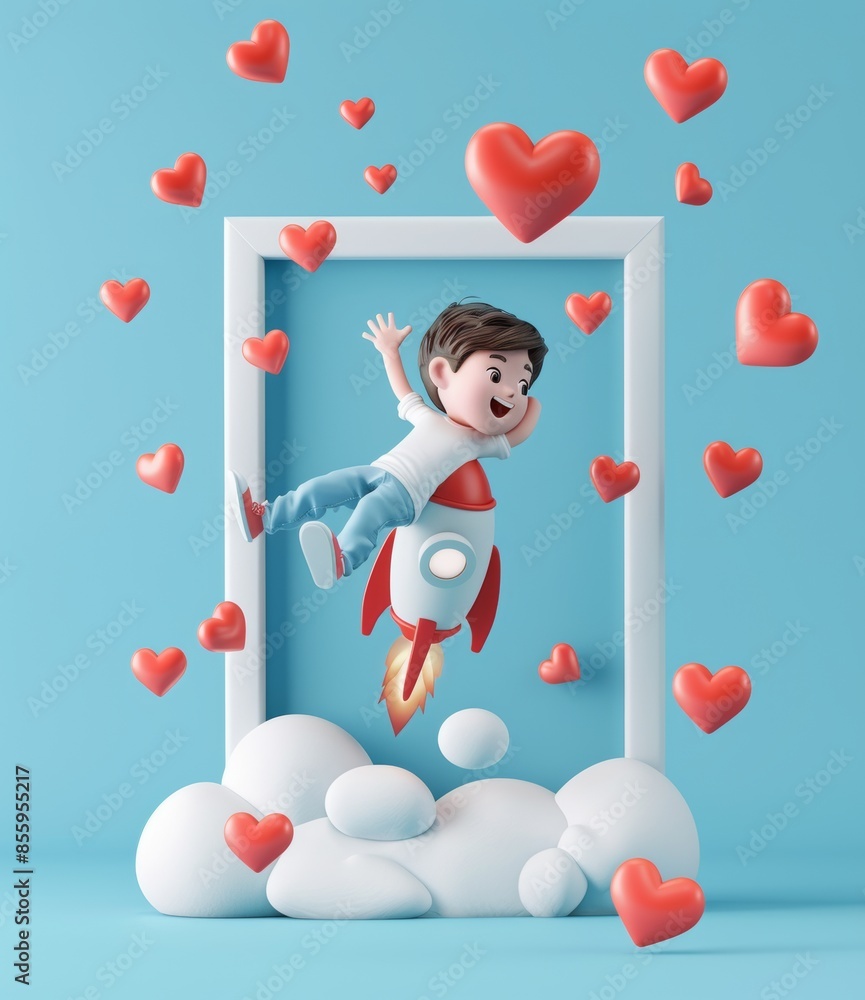 Poster the nerd is flying on a rocket in this 3d illustration. social media concept. nerd larry is flying i