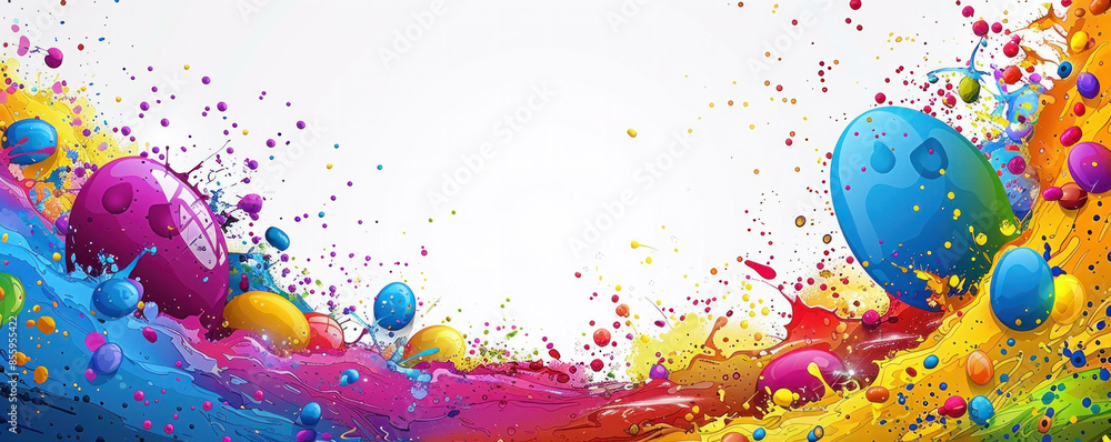 Poster a colorful background with a bunch of eggs scattered around. the eggs are of different colors and si