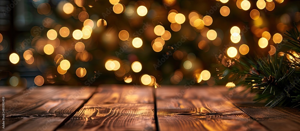Poster empty table and blurred fir tree with yellow christmas lights on background, bokeh effect. space for